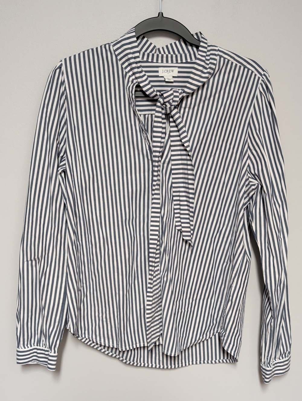 J. Crew Navy and White Vertical Stripe Tie-Neck Button-Down